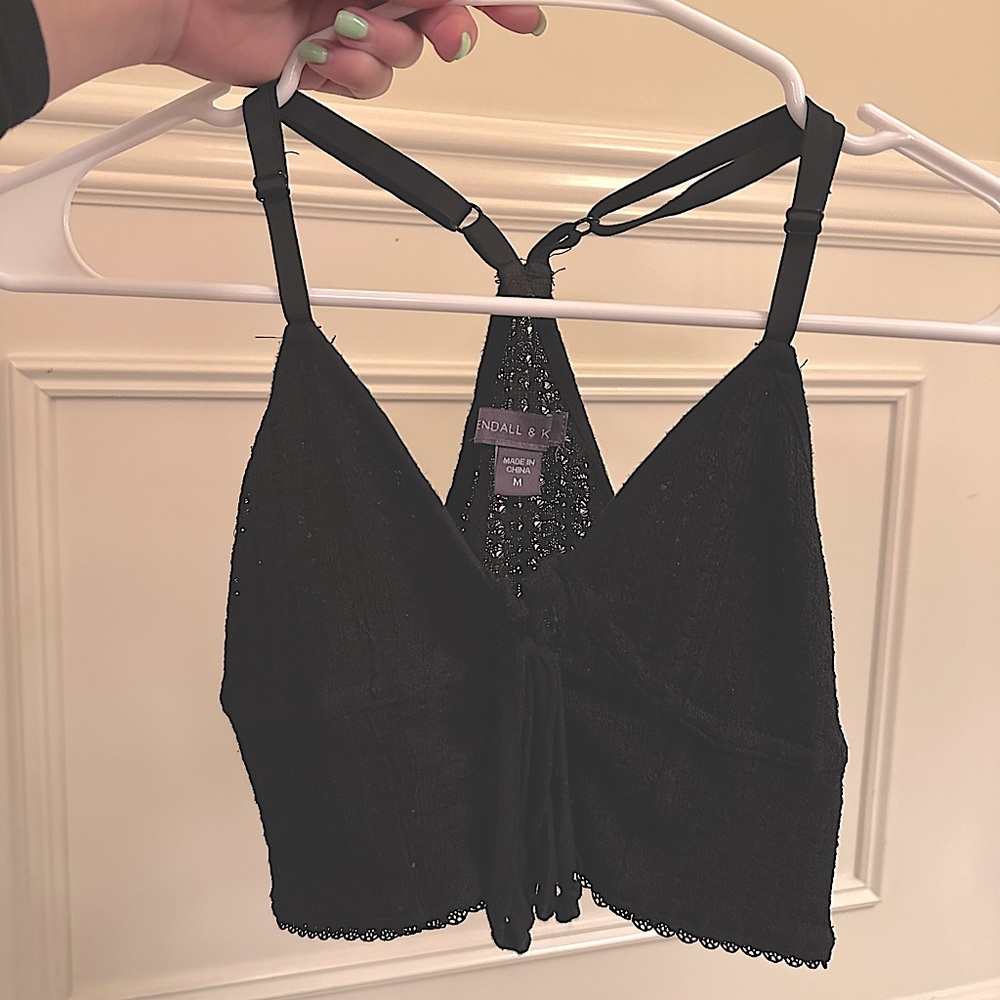 Kendall & Kylie Cropped Crochet Black Tie Top
